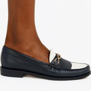 CELINE Women's Luco Triomphe Navy & White Horsebit CC Logo Loafers Size …